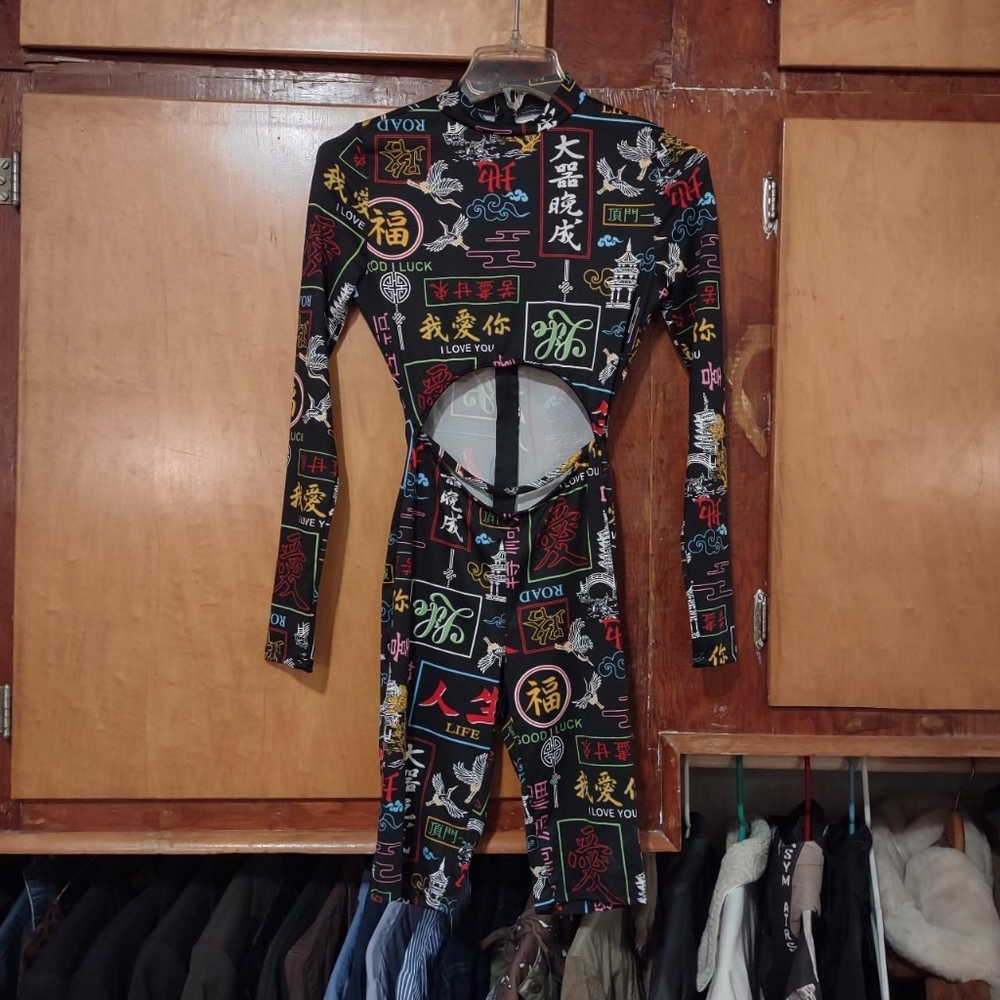 body suit mock collar torso cutout crop kanji 漢字 cyberpunk print bodycon biker